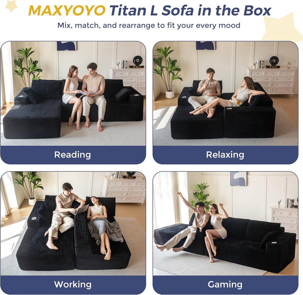 MAXYOYO 104" Modular Sectional Couch with L-Shape Chaise, Modern Couch for Living Room, Sofa in A Box, Oversized Sofa with Deep Seat, No Assembly Required, Black