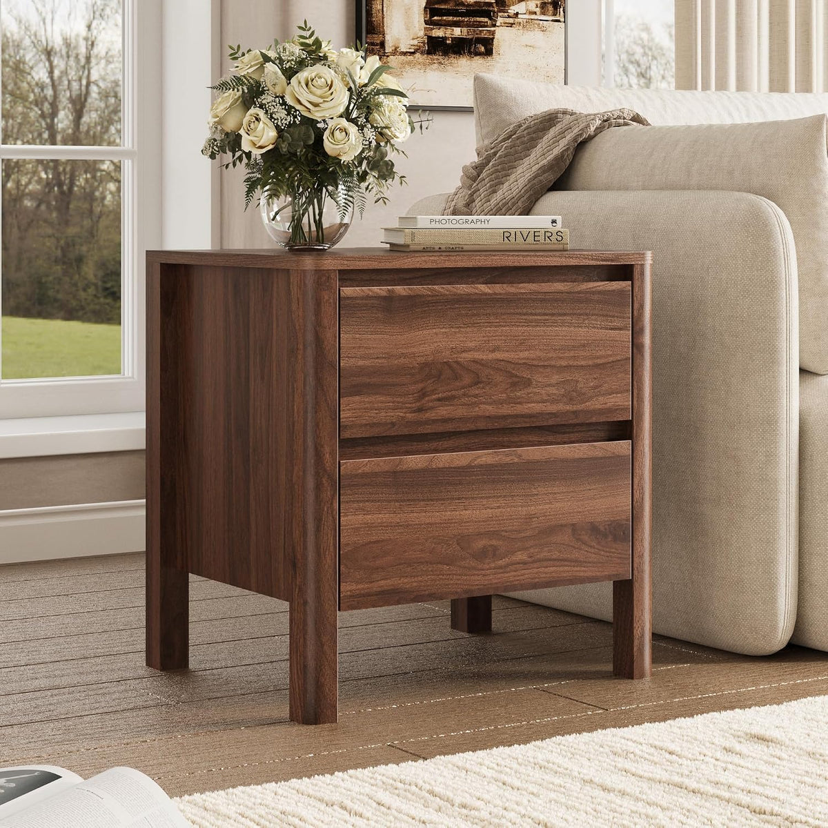 MAISONARIA Living Room Table Sets of 4, Mid Century Coffee Table & TV Stand & End Table Set of 2, Sliding Door Coffee Table and TV Stand with Storage, Modern End Table for Living Room, Walnut