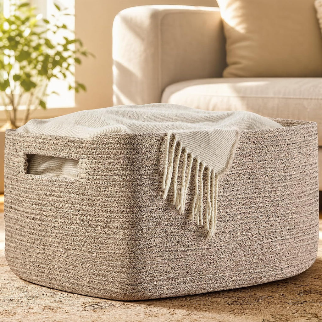 Optish 75L Large Woven Blanket Basket, Storage Basket with Handles, Brown | Sturdy Cotton Rope Basket Organizer Blanket, a lot of Toys, Comforter, Pillow, Bedroom, Living Room, Bathroom, Easy to Carry