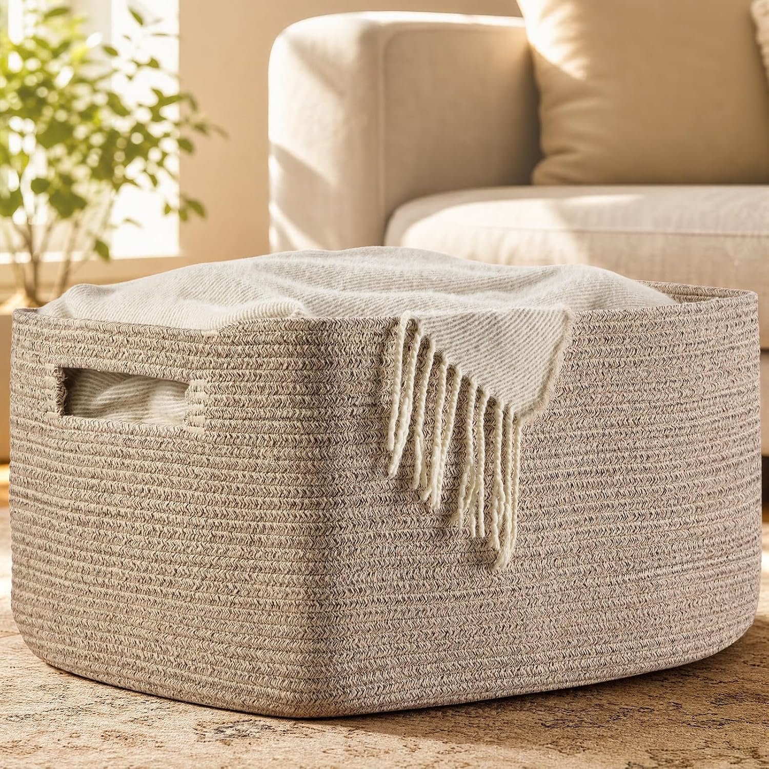 Optish 75L Large Woven Blanket Basket, Storage Basket with Handles, Brown | Sturdy Cotton Rope Basket Organizer Blanket, a lot of Toys, Comforter, Pillow, Bedroom, Living Room, Bathroom, Easy to Carry