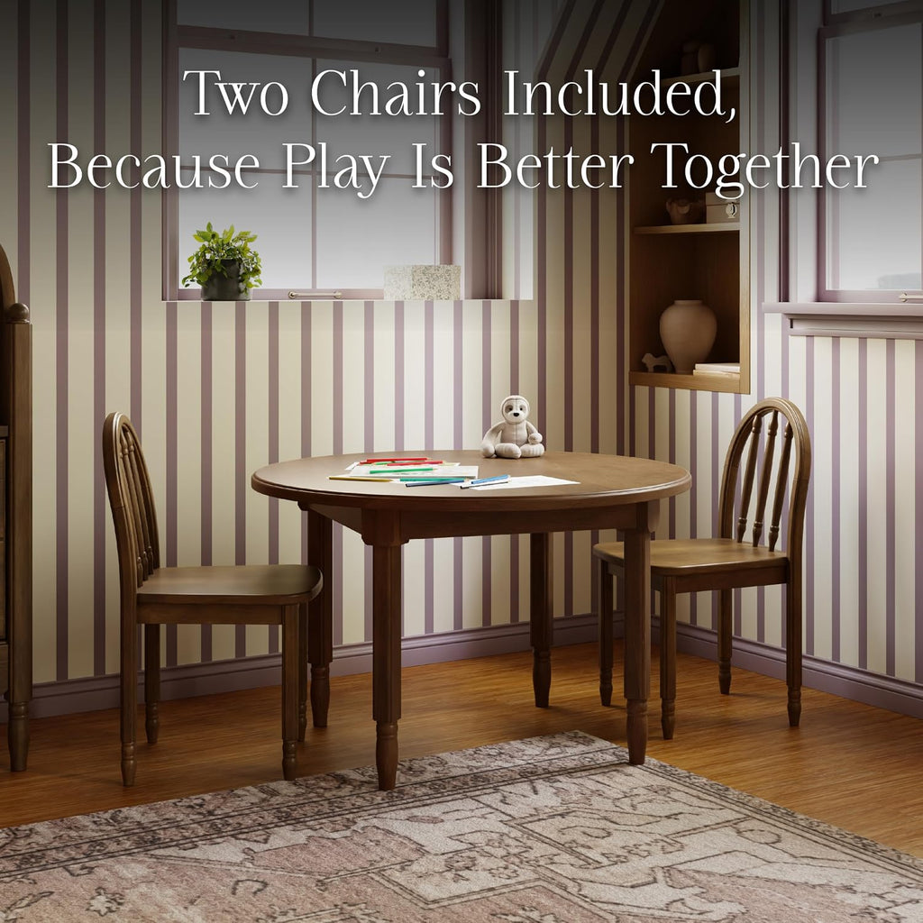 NAMESAKE Liberty Play Table & Spindle Chairs Set in Natural Walnut | Greenguard Gold Certified, Wooden Activity Table & Activity Seat for Children's Playroom, Vintage Inspired Reading Desk