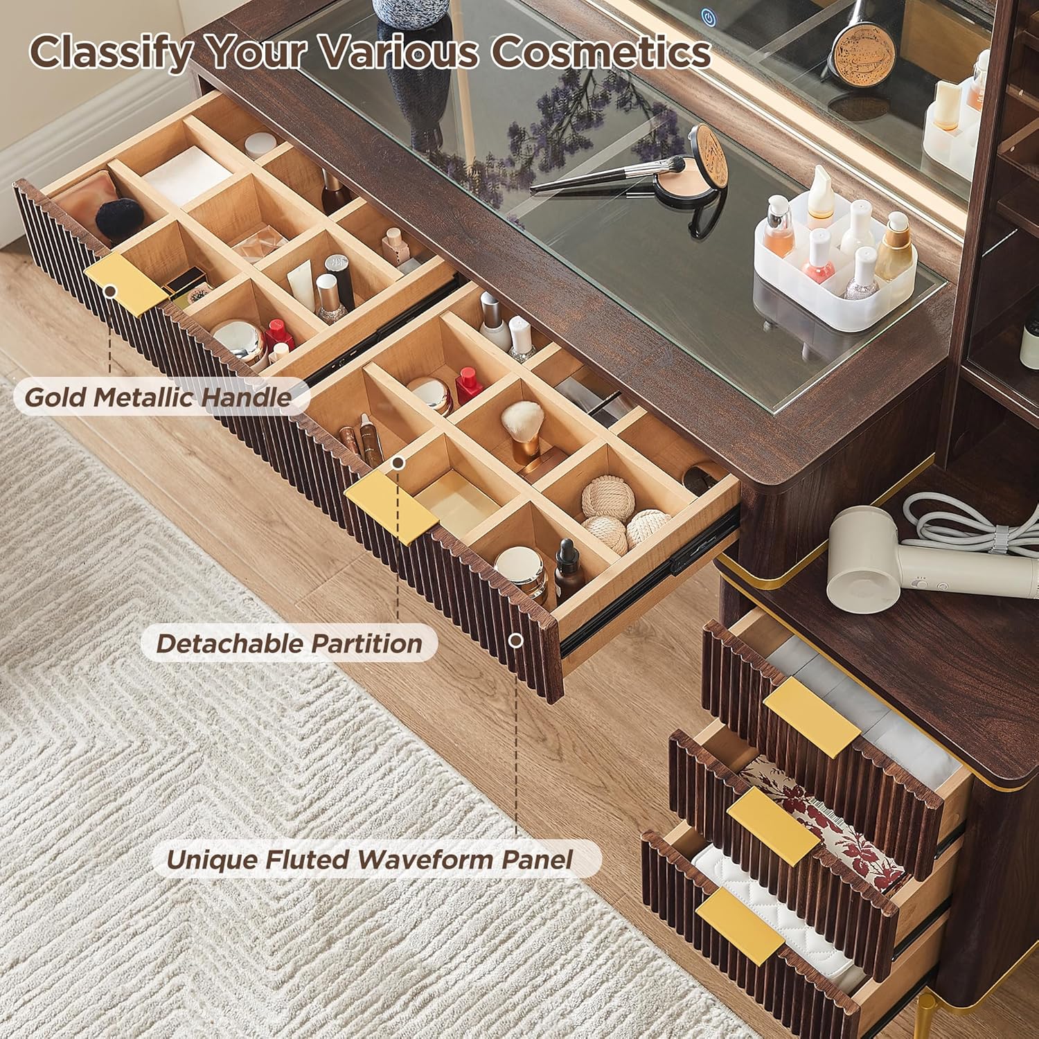 T4TREAM Fluted Makeup Vanity Desk with 36" HD Lighted Mirror, 48" Big Modern Vanity Desk with Mirror and Lights, Dressing Table with 5 Drawers & Shelves, Glass Top for Bedroom, Dark Walnut
