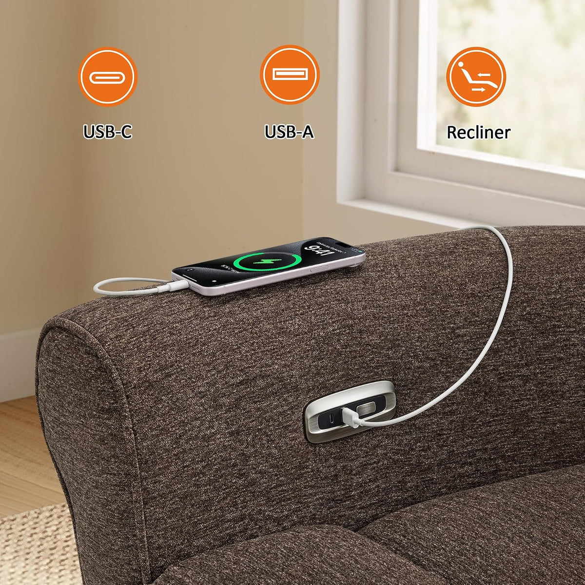 MCombo Compact Wall Hugger Power Recliner Chair for Small Spaces, Dual USB-A/C Ports, Rolled Arm Recliner for Living Room & RV, Fabric PR520 (Dark Brown, Small)