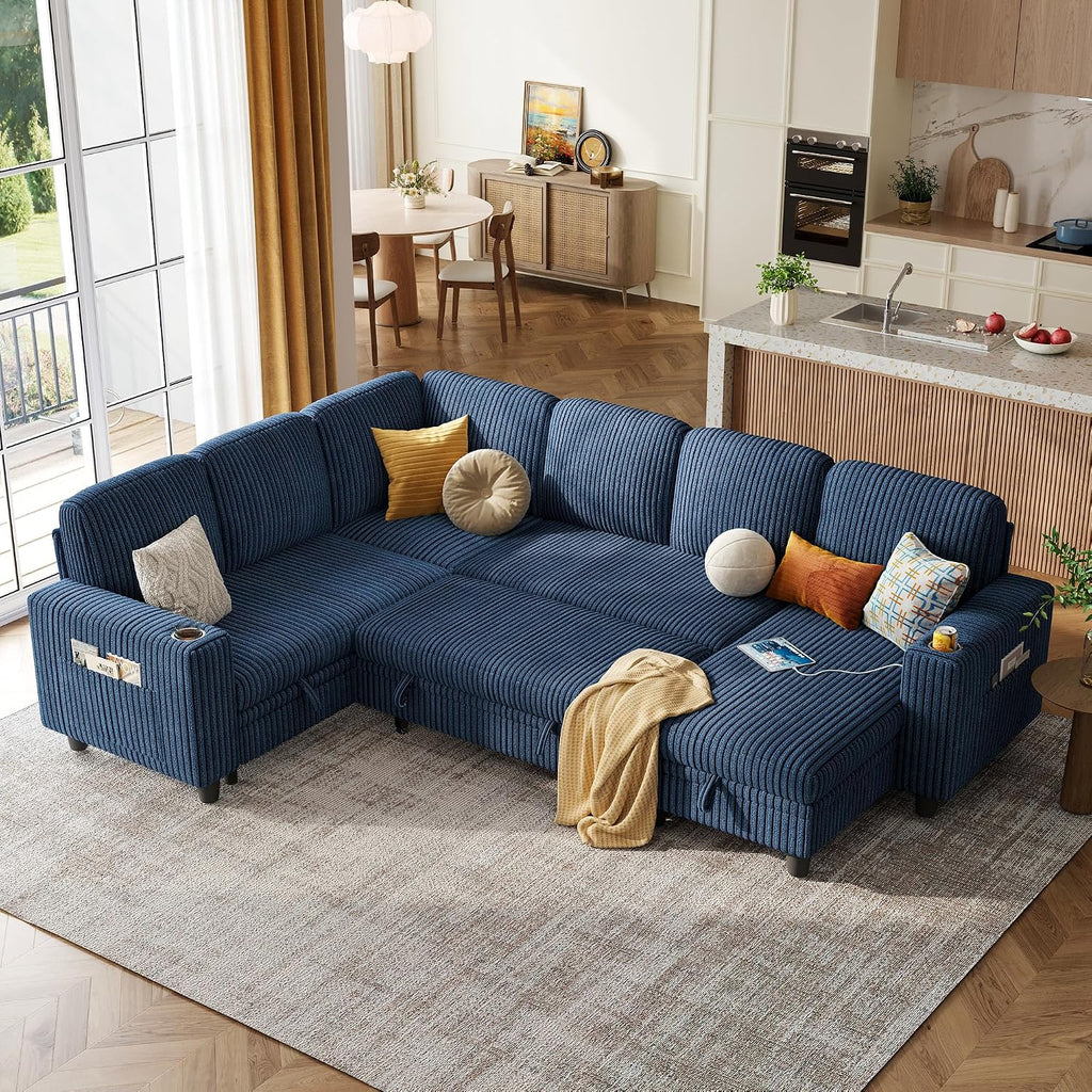 LINSY HOME Sectional Couches for Living Room, 81" U Shape 6 Seats, Blue | Sleeper sofa with pull out couch bed, corduroy couch with storage