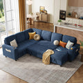 LINSY HOME Sectional Couches for Living Room, 81" U Shape 6 Seats, Blue | Sleeper sofa with pull out couch bed, corduroy couch with storage