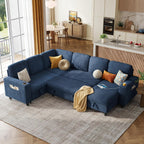 LINSY HOME Sectional Couches for Living Room, 81" U Shape 6 Seats, Blue | Sleeper sofa with pull out couch bed, corduroy couch with storage
