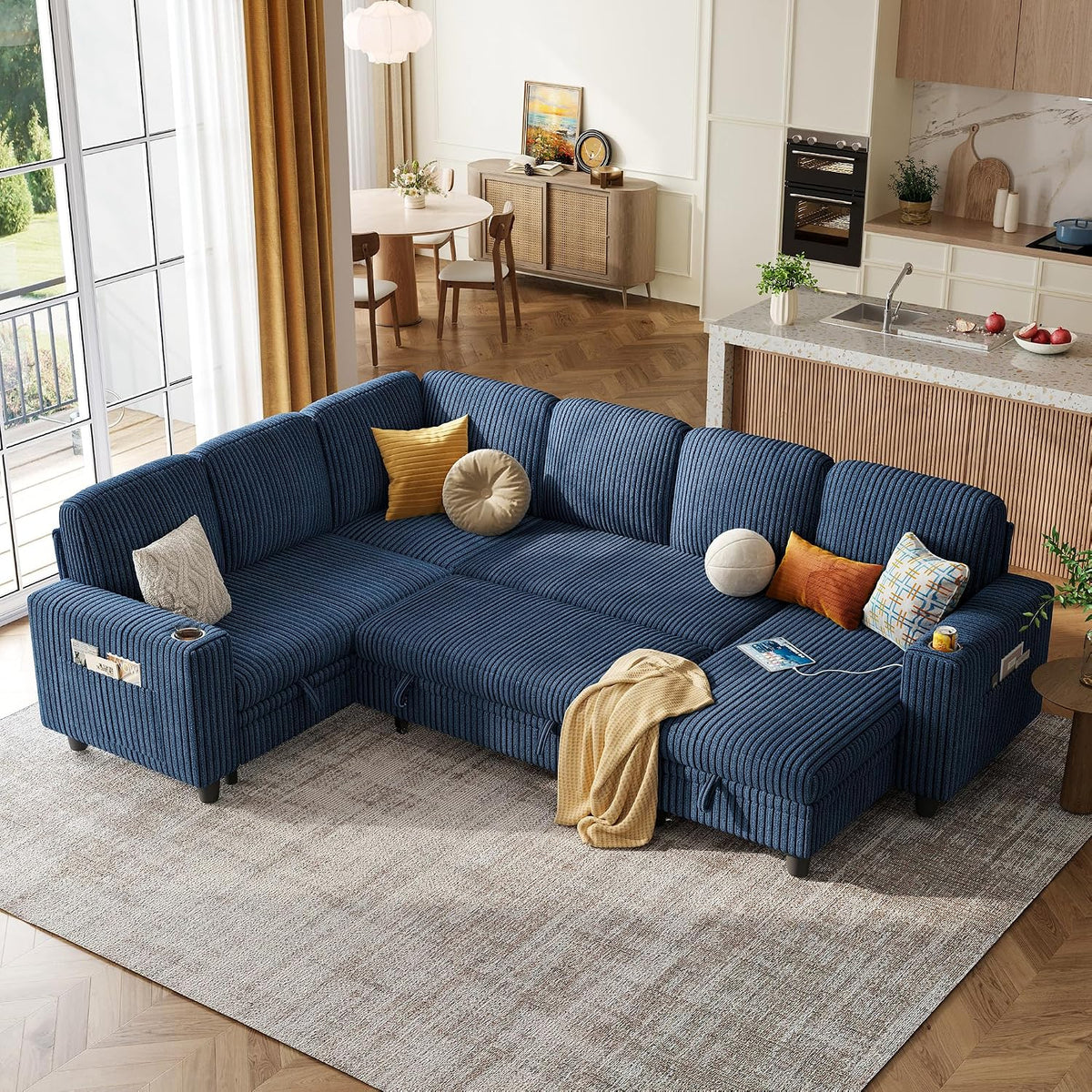 LINSY HOME Sectional Couches for Living Room, 81" U Shape 6 Seats, Blue | Sleeper sofa with pull out couch bed, corduroy couch with storage