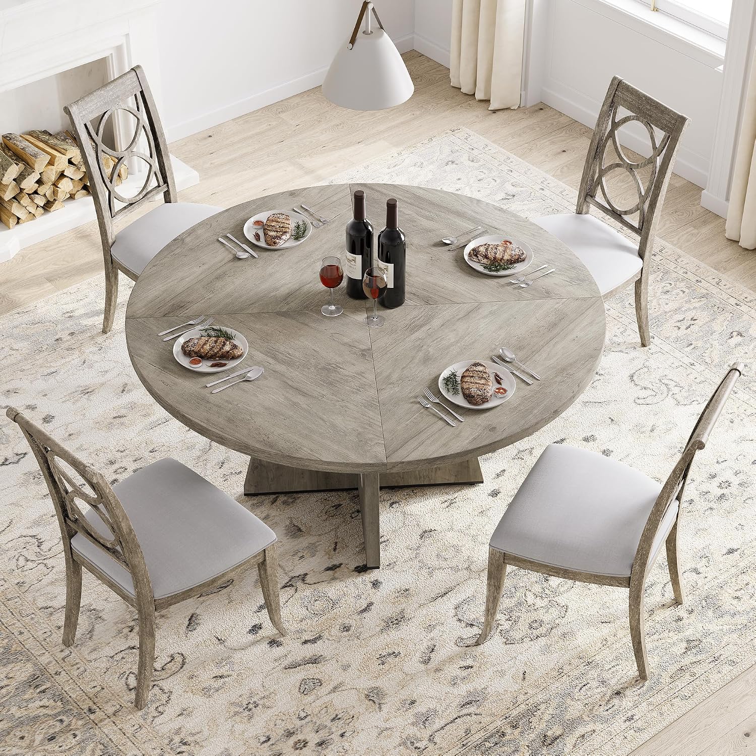 GAOMON 47 Inch Round Dining Table for 4-6 People, Circle Dinner Table with Wooden Cross Pedestal Base, Farmhouse Kitchen Furniture for Dining Room, Living Room, Kitchen (Table Only) - Grey