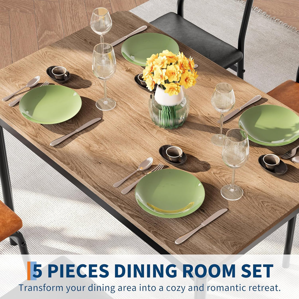 Takywep Dining Table Set for 4 – Wooden Kitchen Table with 4 PU Upholstered Chairs, Industrial Metal Frame Kitchen & Dining Set for Home, Apartment, Studio, Brown & Black