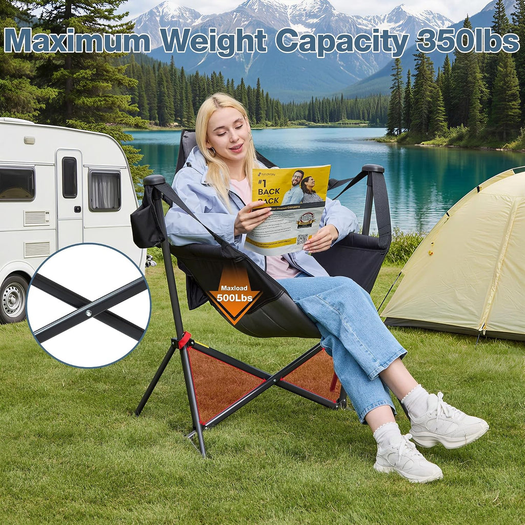 Hammock Camping Chair with Adjustable Backrest, 350LBS Heavy Duty Oversized Swinging Chair Portable Folding Rocking Chair with Pillow Cup Holder for Outdoor Beach Camping Patio, Black