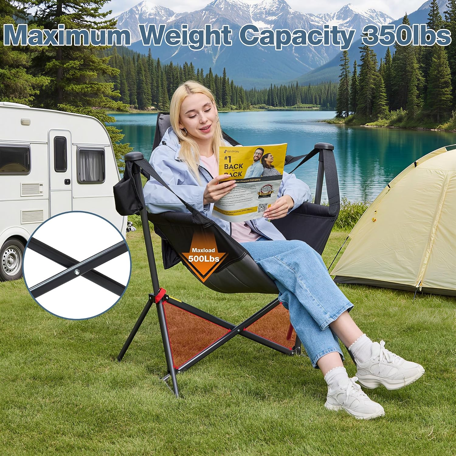 Hammock Camping Chair with Adjustable Backrest, 350LBS Heavy Duty Oversized Swinging Chair Portable Folding Rocking Chair with Pillow Cup Holder for Outdoor Beach Camping Patio, Black