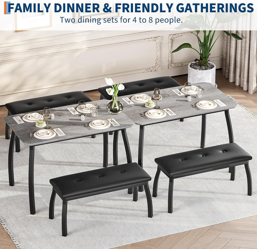 Dining Table Set for 4, 3-Piece Wooden Kitchen Table with 2 Upholstered Benches, Space-Saving Dinette Set for Restaurant, Studio, Dining Room, Home Kitchen(43''x28''x30''), Gray