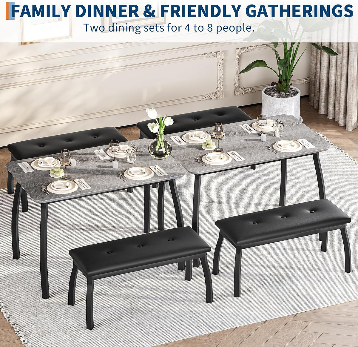 Dining Table Set for 4, 3-Piece Wooden Kitchen Table with 2 Upholstered Benches, Space-Saving Dinette Set for Restaurant, Studio, Dining Room, Home Kitchen(43''x28''x30''), Gray