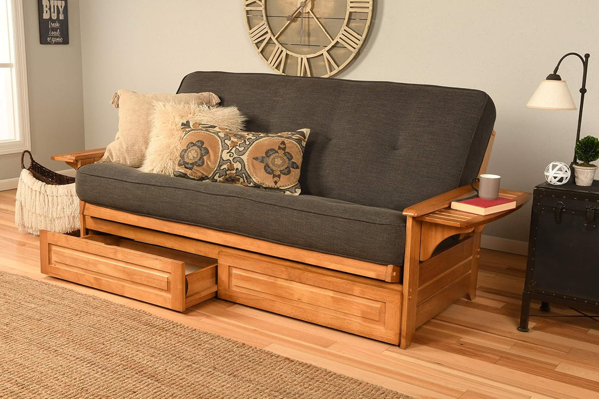 Kodiak Phoenix Wooden Futon Sofa Bed with Storage Drawers, Full Size Futon Couch Bed and Futon Frame and Linen Charcoal Mattress Included, Butternut