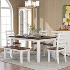 Harper & Bright Designs Rustic 6-Piece Dining Set with Table, 4 Chairs & Bench | Farmhouse Kitchen Table Set with Ergonomic Seating for Dining Room (Walnut + Cottage White)
