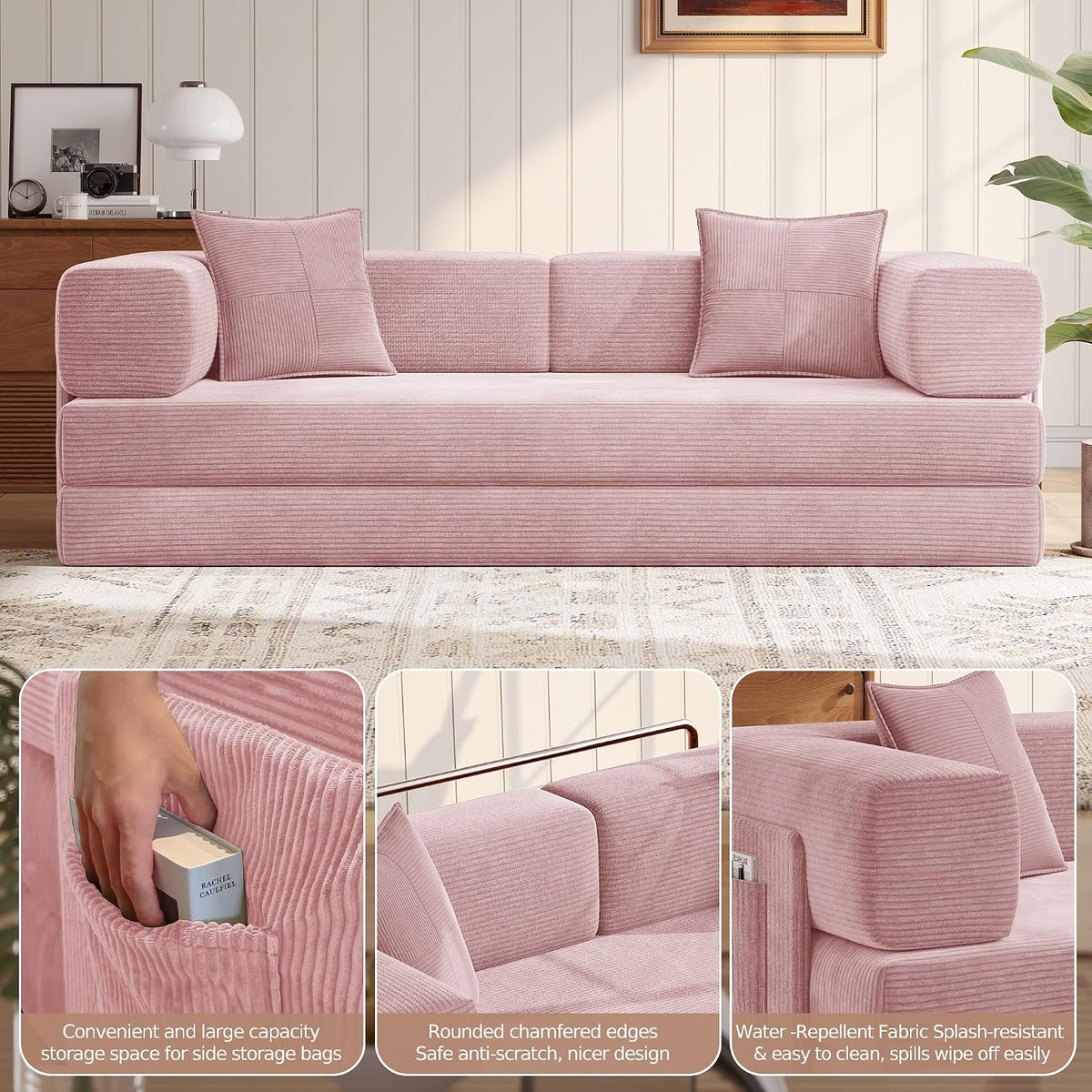 MoonSpeak 78.8'' Futon Sofa Bed, Couches for Living Room | Corduroy Convertible Futon Sofa Bed with Storage Pocket, Modular Sleeper Couch in a Box, No Assembly (Pink)