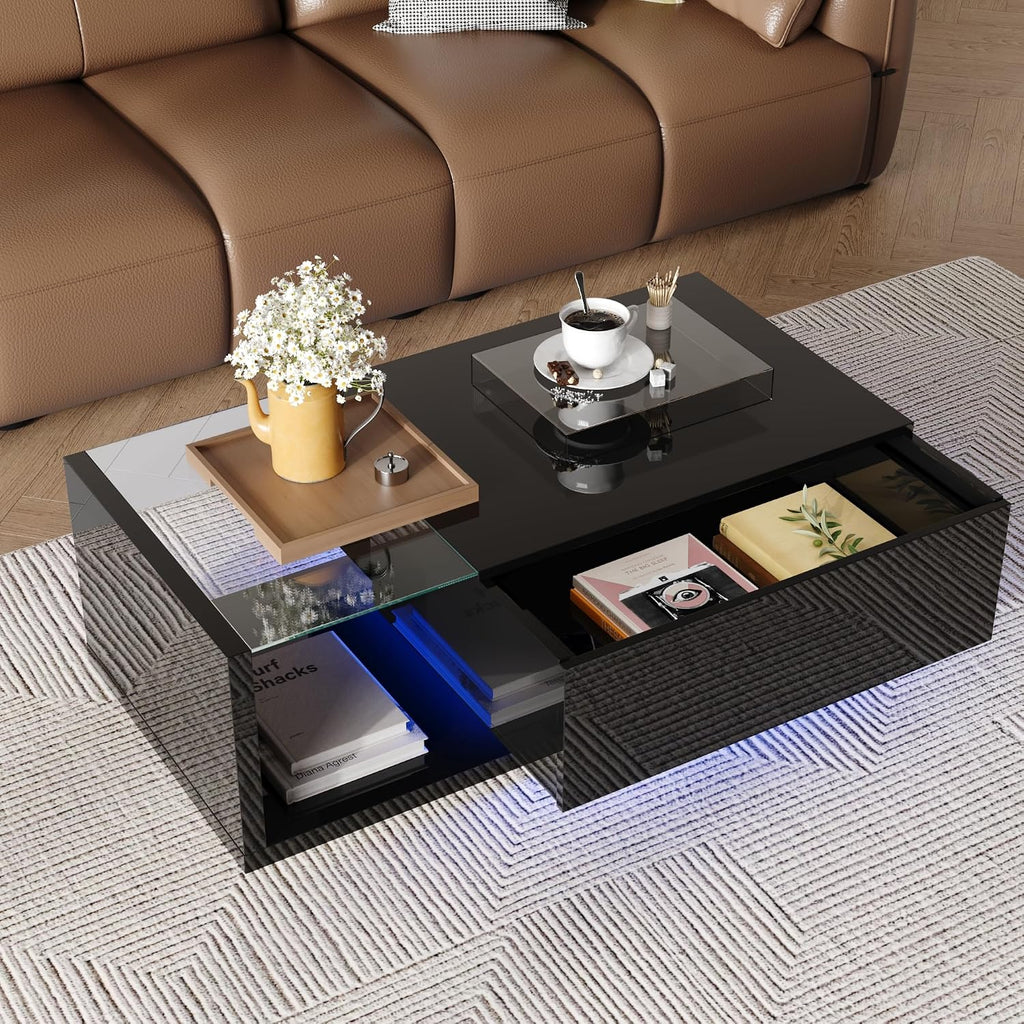holzart Compact Low-Profile Coffee Table with LED Lights & Storage, 39.4" Small Black High Gloss Modern Center Table with Tempered Glass & Drawer for Small Spaces, Apartments & Gaming