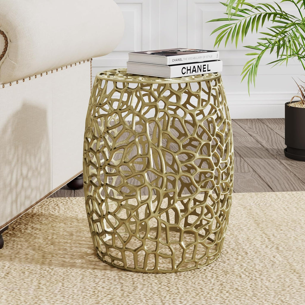 GDFStudio 20.5" H Drum-Shaped End Table Aluminium Round Side Table Small Sofa Coffee Side Tables with Open Mesh Design No Assembly Needed for Living Room Bedroom Balcony Office, Gold