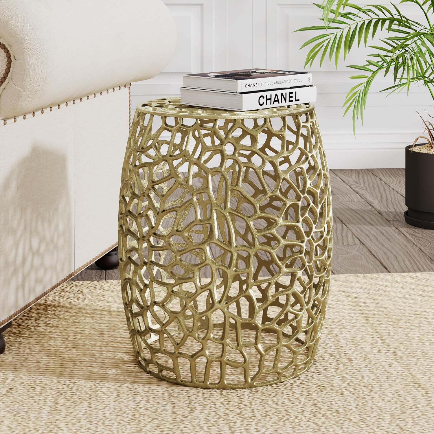 GDFStudio 20.5" H Drum-Shaped End Table Aluminium Round Side Table Small Sofa Coffee Side Tables with Open Mesh Design No Assembly Needed for Living Room Bedroom Balcony Office, Gold