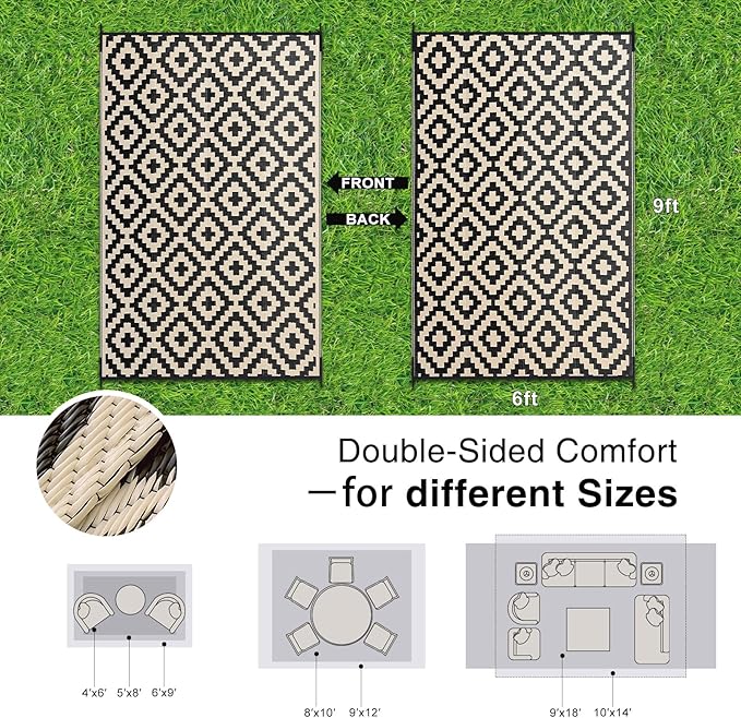 OLANLY Waterproof Outdoor Rug 6x9 ft, Outdoor Plastic Straw Rug for Camping, RV Mat Outside, Outdoor Carpet for Porch, Deck, Backyard, Balcony, Picnic, Black & Beige