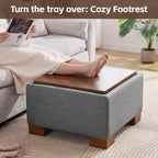 WUTUTUEE 24" Square Ottoman Coffee Table with Storage, Fabric Ottomans with Tray and Solid Wood Legs for Living Room, Bedroom and Apartments, Small Modern Ottoman Tea Table with Lift-Off Lid, Grey