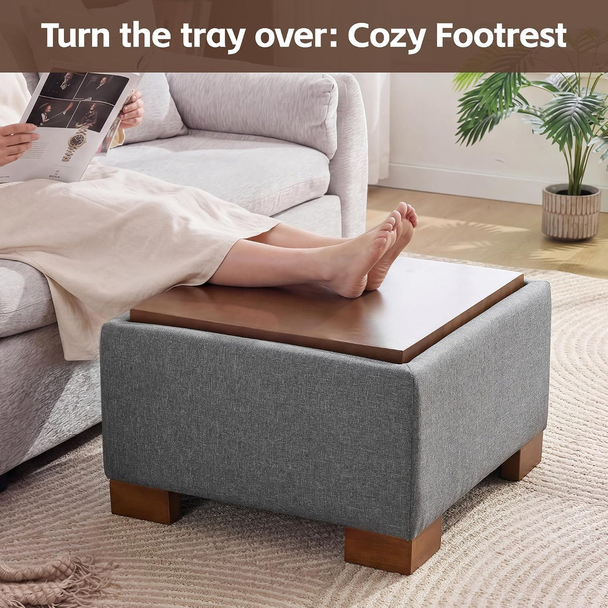 WUTUTUEE 24" Square Ottoman Coffee Table with Storage, Fabric Ottomans with Tray and Solid Wood Legs for Living Room, Bedroom and Apartments, Small Modern Ottoman Tea Table with Lift-Off Lid, Grey