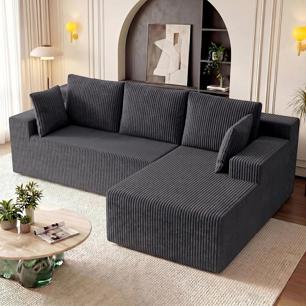 GRUSIGN Cloud Sectional Couches for Living Room, Modular L Shaped Couch with Deep Seat Oversized Right Facing Chaise, Memory Foam Compressed Spineless 3 Seater Sofa, Wide-Striped Grey