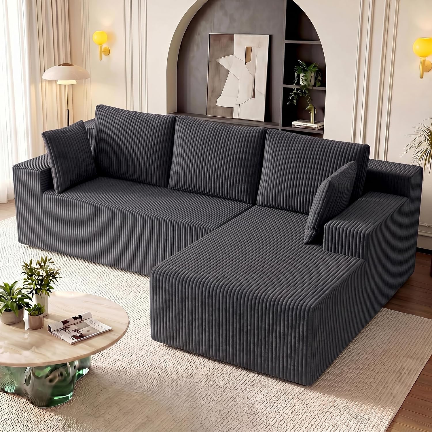 GRUSIGN Cloud Sectional Couches for Living Room, Modular L Shaped Couch with Deep Seat Oversized Right Facing Chaise, Memory Foam Compressed Spineless 3 Seater Sofa, Wide-Striped Grey