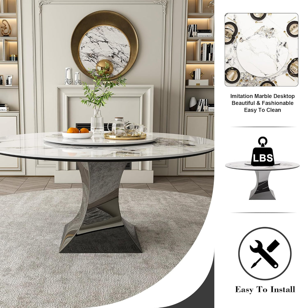 Montary 59” Modern Round Dining Table for 6-8, Artificial Marble Dining Room Table with Lazy Susan, Stainless Steel Black Titanium Hourglass Base, Sintered Stone Top Dining Table (Only Table)