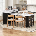 Extendable Dining Table with Folding Leaves & Power Outlet, Rolling Kitchen Island on Wheels with Storage Drawers & Hooks, Convertible Table for Small Spaces (Black + Marble White)