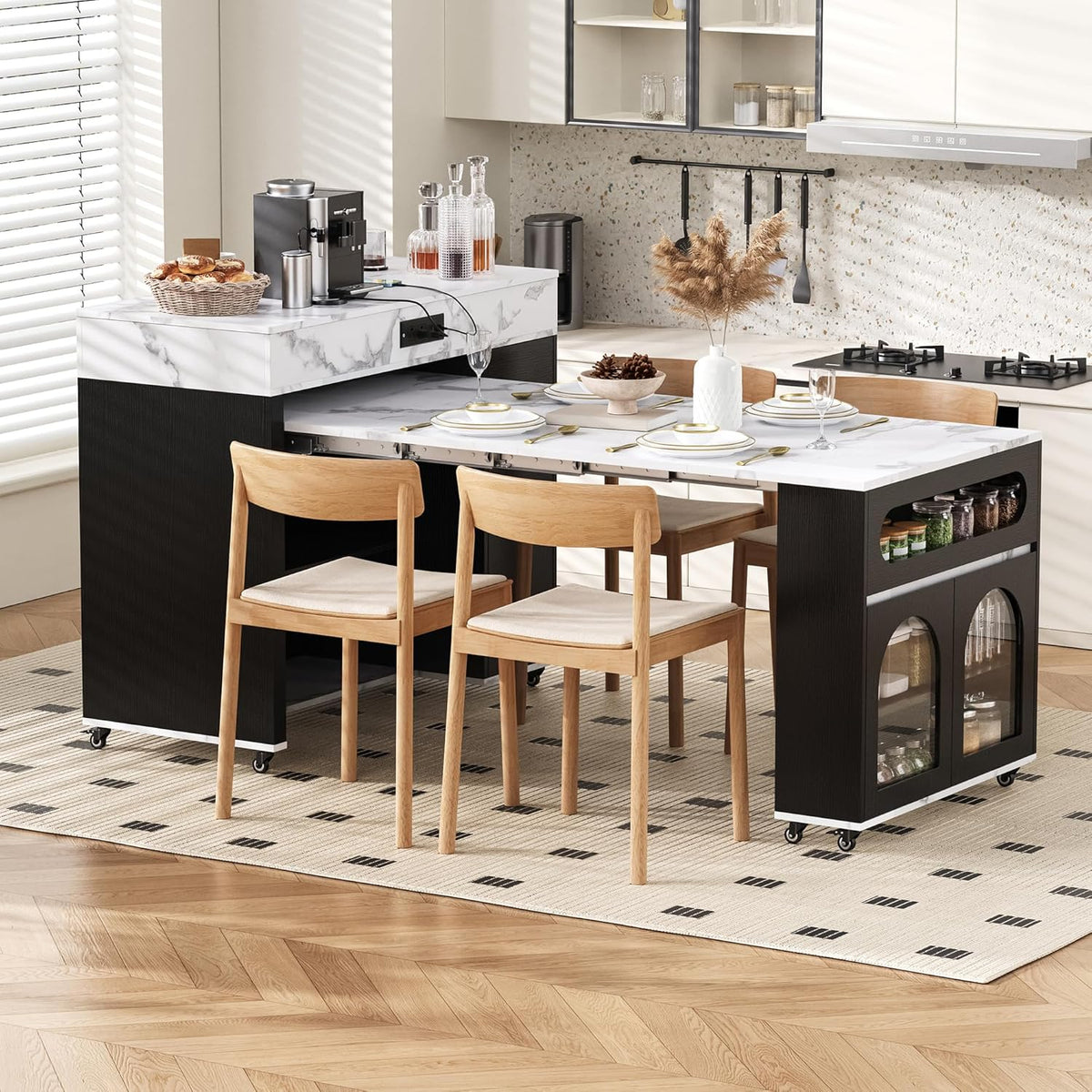 Extendable Dining Table with Folding Leaves & Power Outlet, Rolling Kitchen Island on Wheels with Storage Drawers & Hooks, Convertible Table for Small Spaces (Black + Marble White)