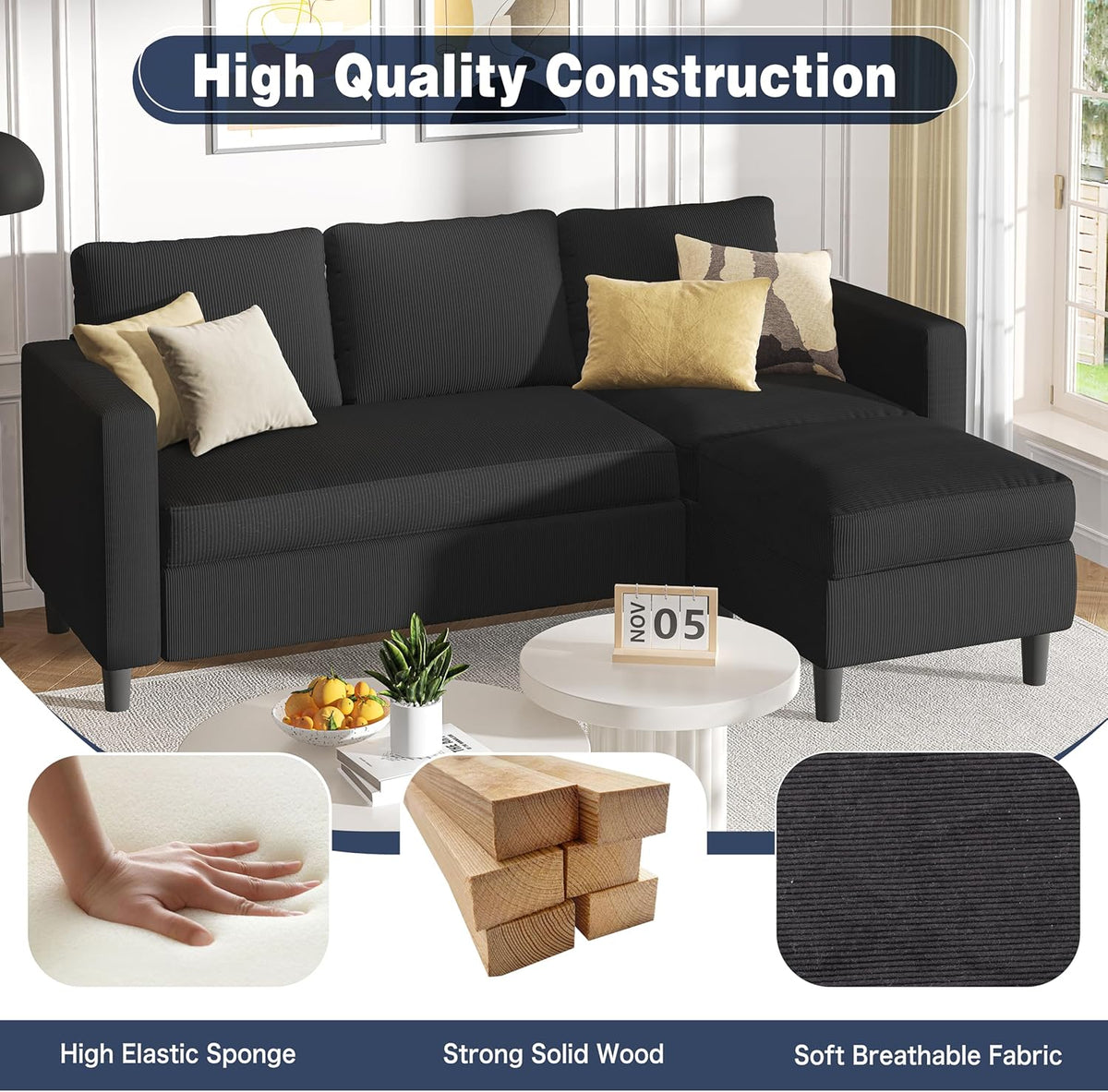 Shintenchi Modern Upholstered Sectional Sofa, L-Shaped Couch with Movable Ottoman and Reversible Chaise for Living Room, Black Corduroy Fabric