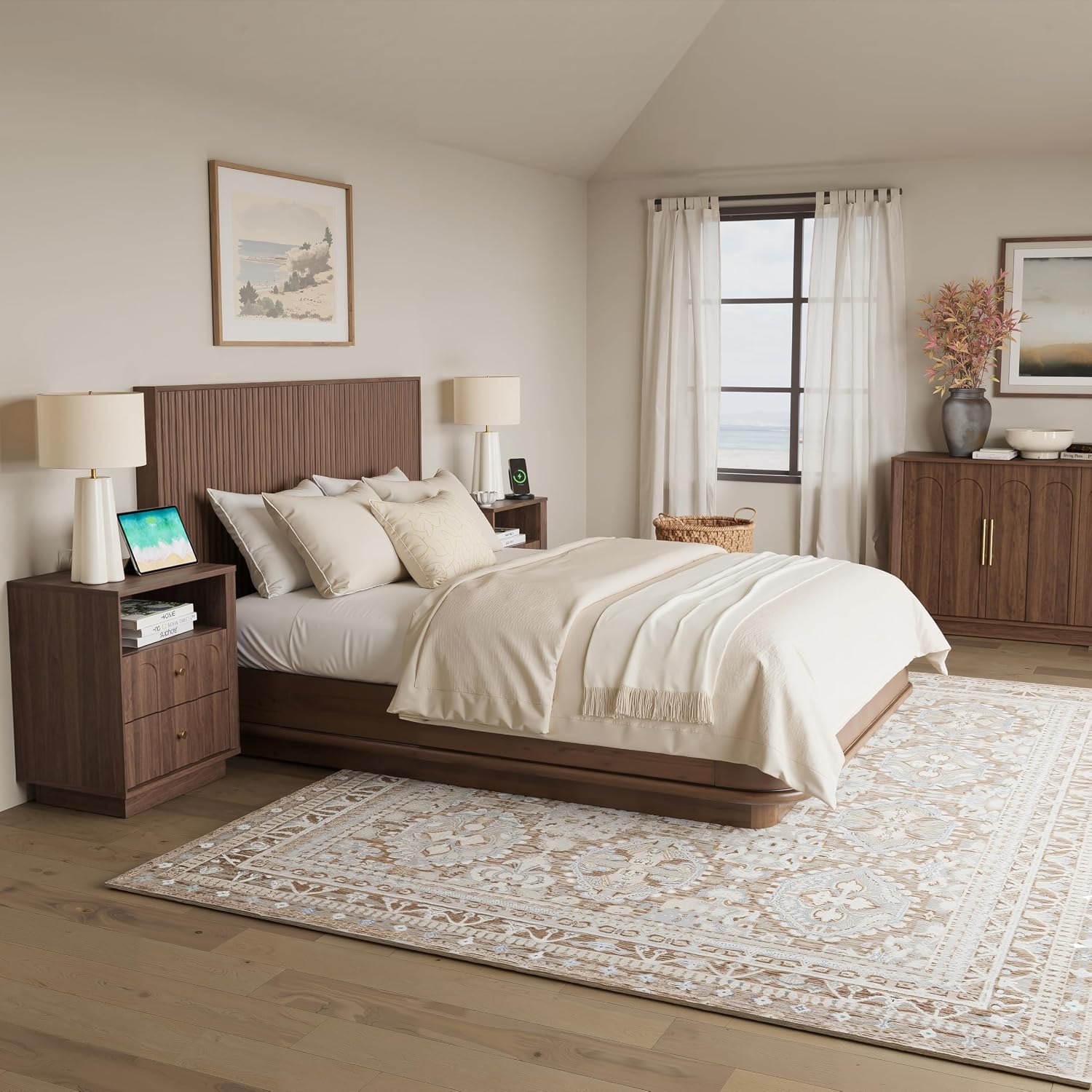 FORTUNETEC 17.7" Nightstand with Charging Station, Arched Design, Walnut