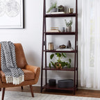 Amazon Basics 5-Tier Ladder Bookshelf Storage Organizer, Solid Rubberwood Frame, Space-Saving Bookcase, Sturdy Shelves, Walnut Finish, 14" D x 24.8" W x 70.1" H
