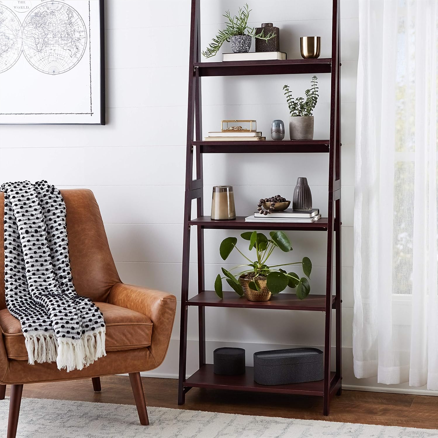 Amazon Basics 5-Tier Ladder Bookshelf Storage Organizer, Solid Rubberwood Frame, Space-Saving Bookcase, Sturdy Shelves, Walnut Finish, 14" D x 24.8" W x 70.1" H