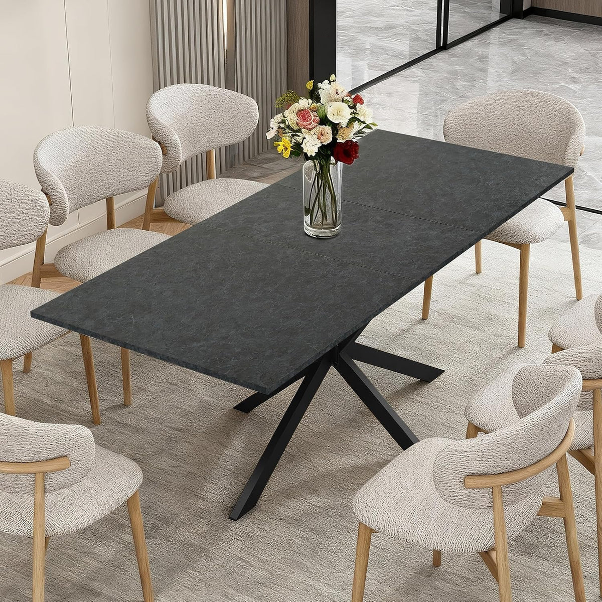 63-79 Inch Extendable Dining Table for 6-10, MDF Rectangular Kitchen Table with Removable Butterfly Leaf and Black Metal Base, Space Saving Design for Small Spaces & Holiday Gatherings, Black Lava