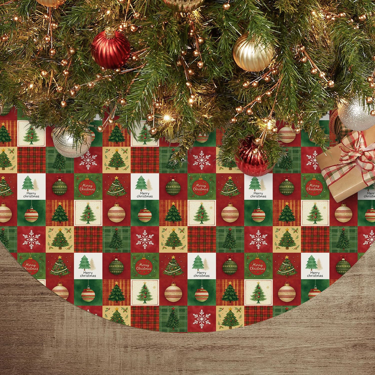 Christmas Tree Skirt 48 Inch, Red Christmas Tree Skirt Snowflake Ball Funny Xmas Decor Seasonal Winter Holiday Indoor Home Party Decorations