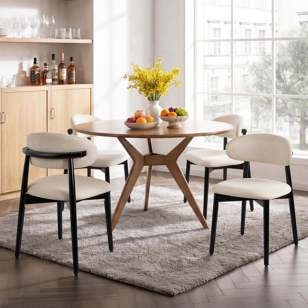Wooden Dining Chairs Set of 4, Modern Farmhouse Fabric Upholstered Kitchen Chairs with Curve Back, Mid-Century Dining Room Chairs for Living Room Kitchen Vanity Restaurant Cafe with Black Legs, Beige