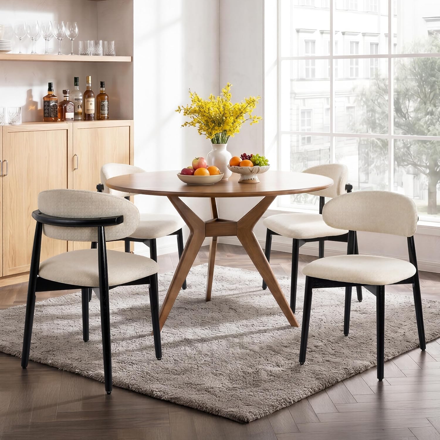 Wooden Dining Chairs Set of 4, Modern Farmhouse Fabric Upholstered Kitchen Chairs with Curve Back, Mid-Century Dining Room Chairs for Living Room Kitchen Vanity Restaurant Cafe with Black Legs, Beige