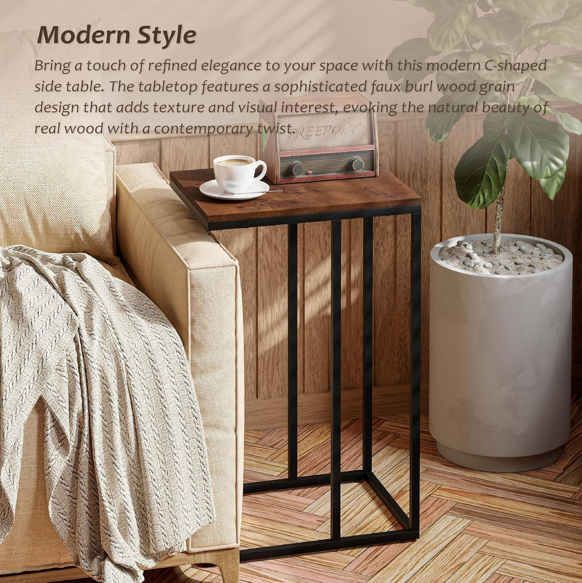 COZAYH Farmhouse C Shaped Couch End Table with Burl Finish Tray Top, Small Snack Sofa Side Table with Metal Frame for Living Room, Bedroom, Easy Assembly, Fir Wood, Brown, Black