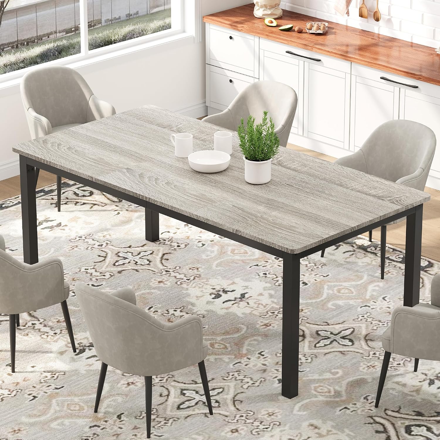 71 Inch Industrial Dining Table, Large Rectangle Kitchen Table with Metal Legs, Round Corners, Wooden Conference Tables Writing Desk for Dining Room, Living Room, Rustic Grey