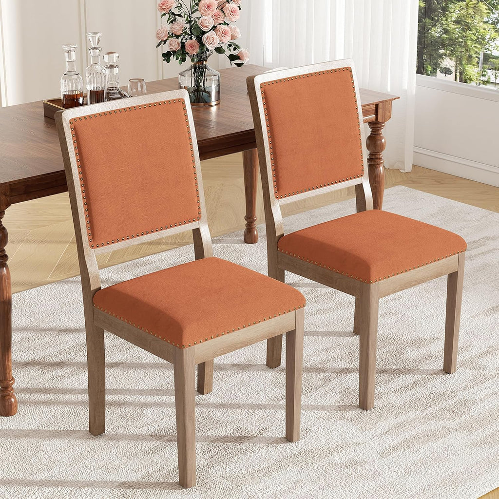 Dining Chairs Set of 2, Mid Century Modern Upholstered Dining Room Chairs, Fabric High Back Kitchen Chairs with Nailhead Trim and Wood Legs for Living Room Kitchen Restaurant, Orange