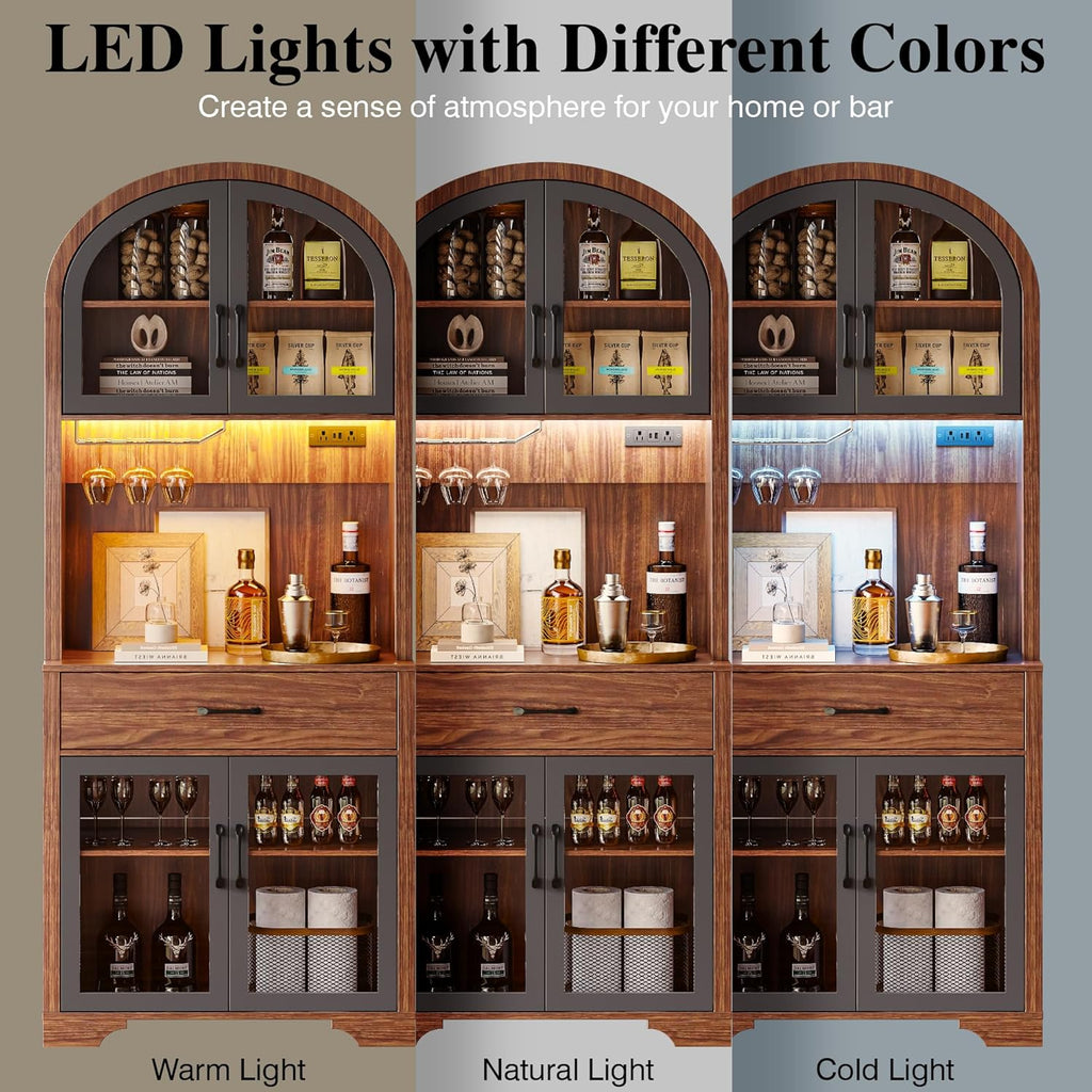 Arched Kitchen Pantry Cabinet, Kitchen Hutch Storage Cabinet with Countertop and Charging Station, Tall Coffee Bar Cabinet with Storage, Dining Room Kitchen Hutch Cabinet with Storage