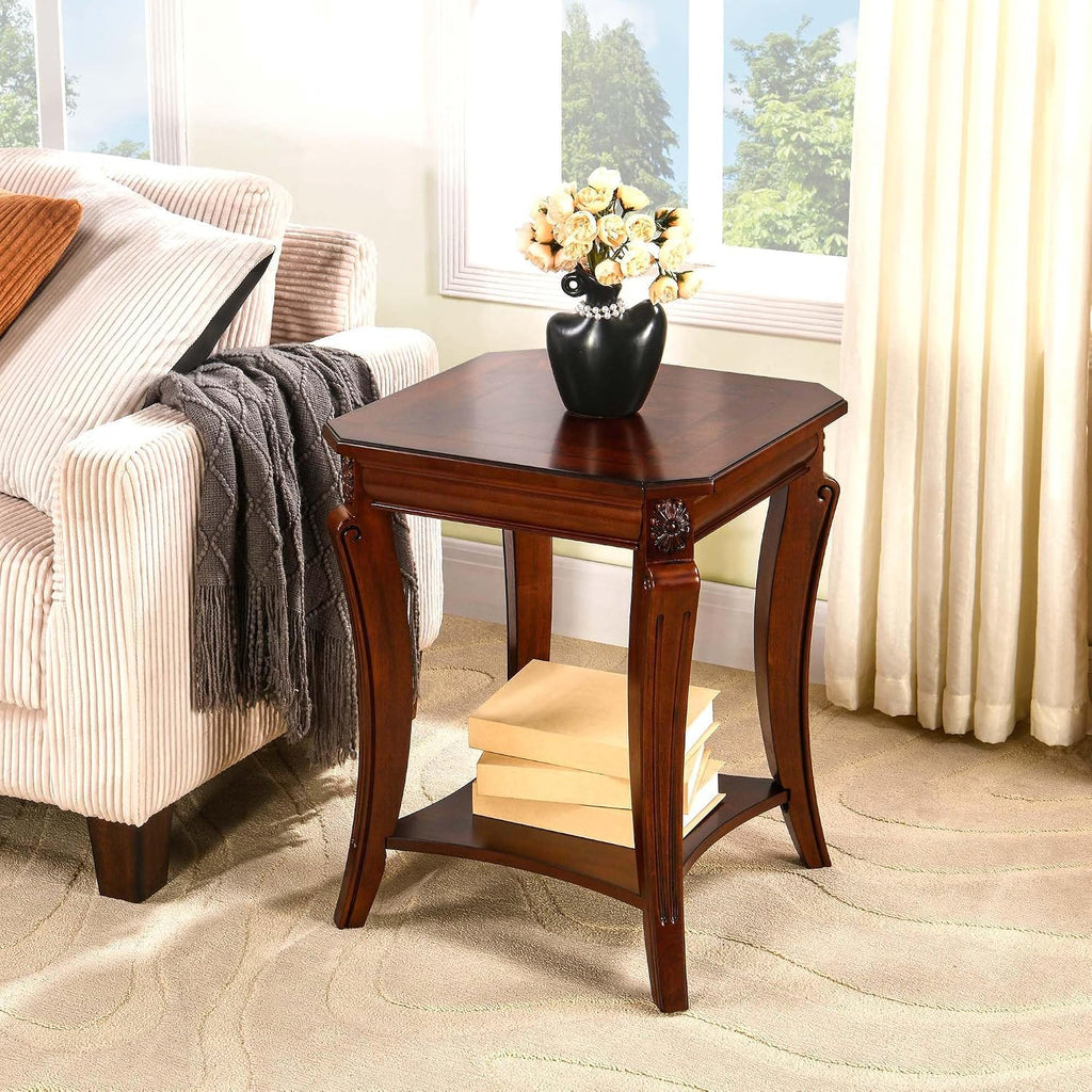 PADMA HOUSE Traditional Wood End Table with Storage Shelf, Square Solid Wood Sofa Side Table with Curved Legs, 2-Tier Wooden Bedside Tables in Cherry for Living Room,19.7 * 19.7 * 23.8in