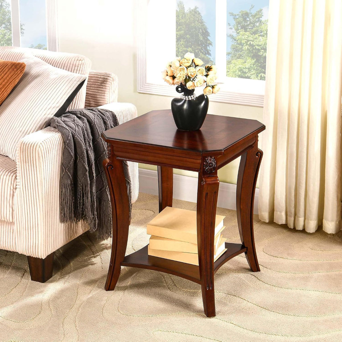 PADMA HOUSE Traditional Wood End Table with Storage Shelf, Square Solid Wood Sofa Side Table with Curved Legs, 2-Tier Wooden Bedside Tables in Cherry for Living Room,19.7 * 19.7 * 23.8in