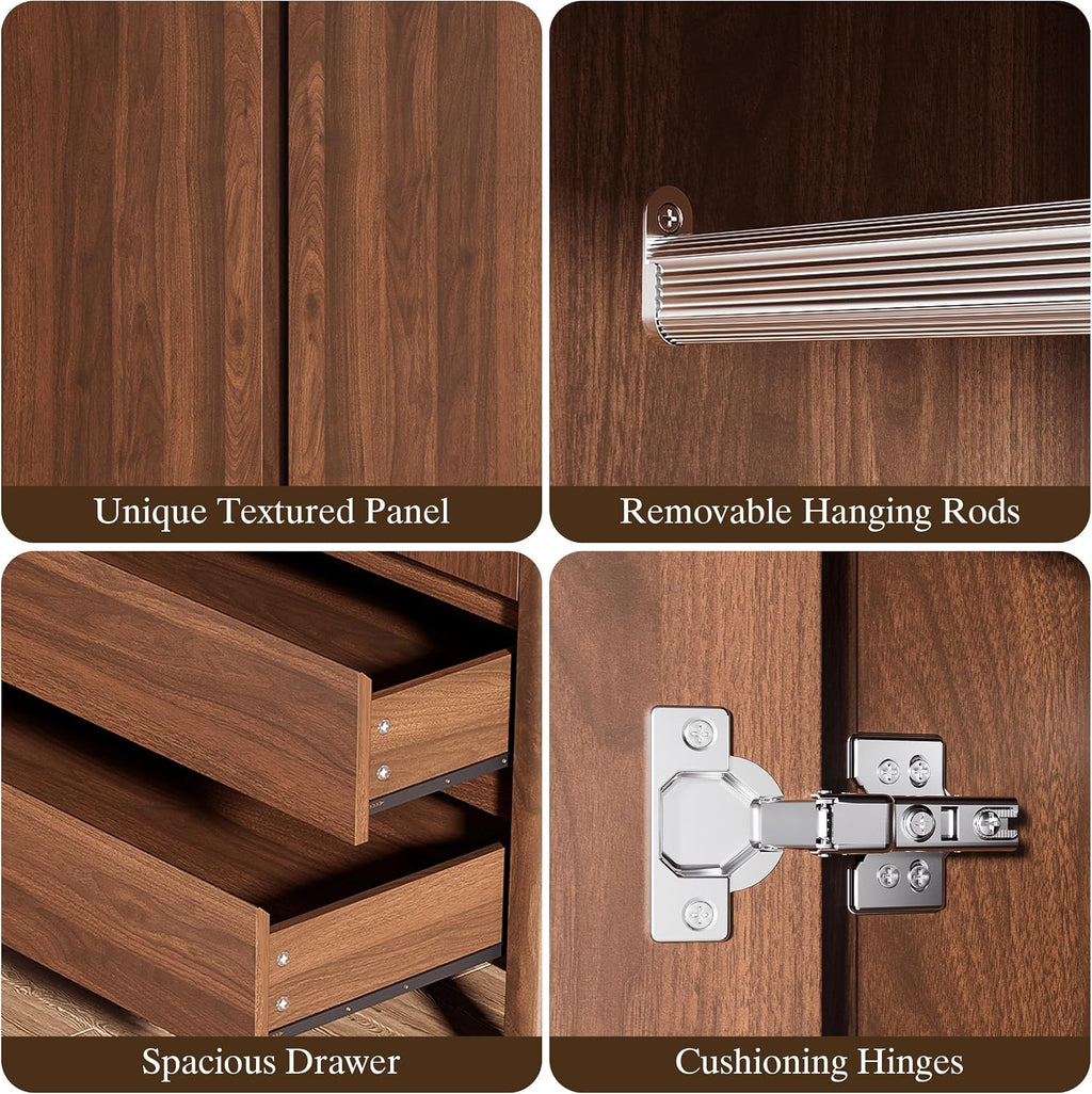 Furniway Armoire Wardrobe Closet, 70.9" Tall Wardrobe Cabinet with 2 Doors, 2 Large Drawers and Hanging Rod, Wooden Clothing Storage Cabinet for Bedroom, Cloak Room, Walnut
