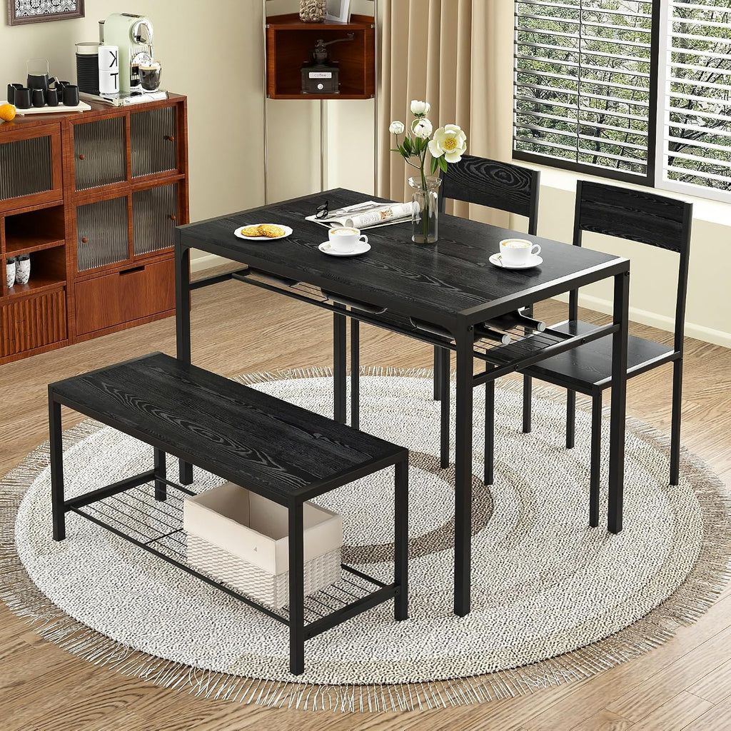 VECELO Kitchen Dining Room Table with 2 Chairs & Bench, Compact Space-Saving Design, Easy Assembly Steel Frame, Perfect for Small Apartments & Breakfast Nooks，Industrial