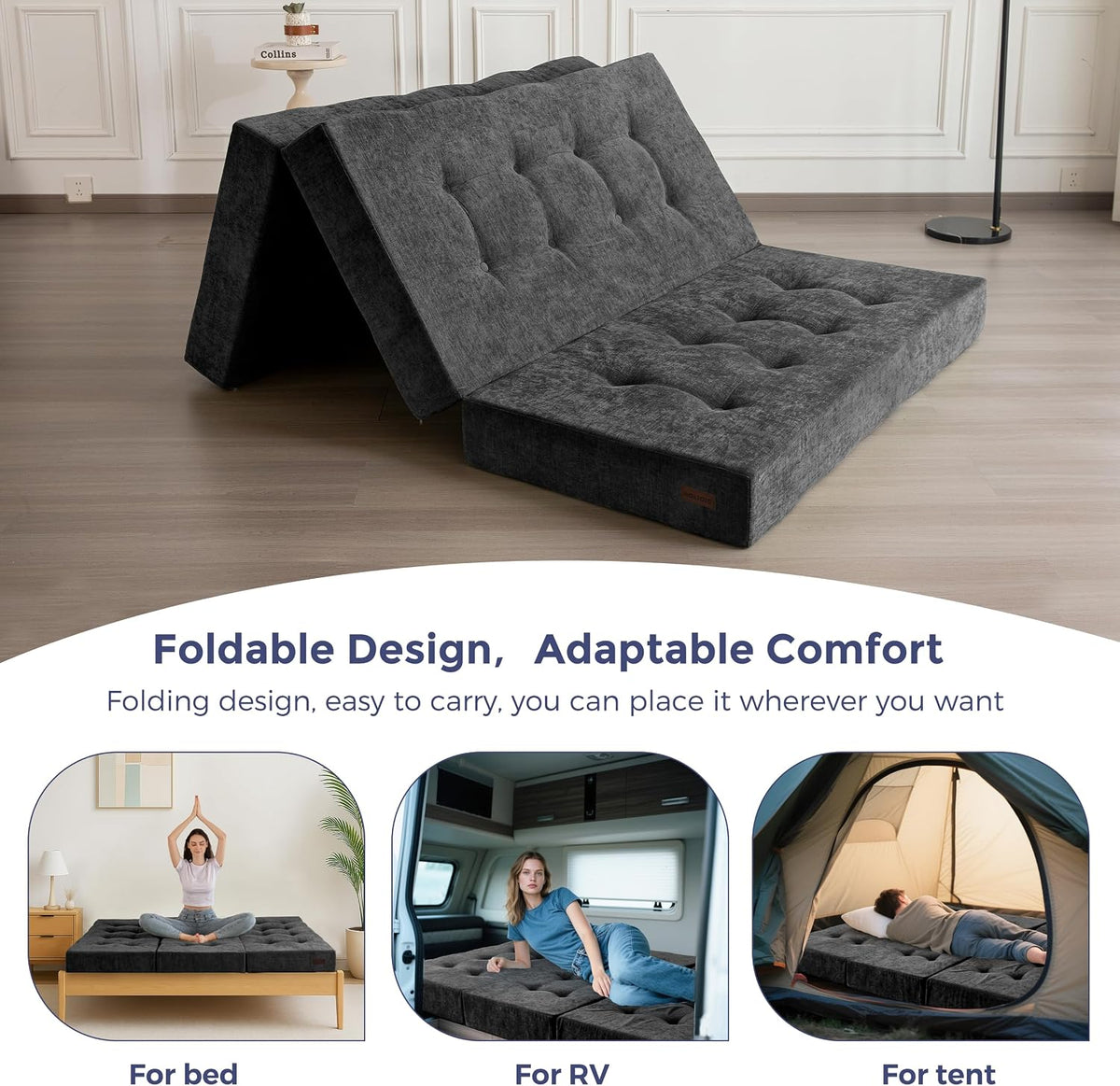 MAXYOYO 6" Folding Sofa Bed for Floor, Tufted Tri-Fold Floor Mattress with Chenille Fabric, Full Size Portable Sofa Couch Guest Mat for Adults, Foldable Topper for Camping, Dark Grey, 53"x75"