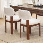 Dining Chairs Set of 2, Teddy Teddy Upholstered Kitchen Chairs with Curved Backrest and Solid Wood Legs, Farmhouse Side Chairs for Restaurant Cafe Living Room (White+Brown Legs)