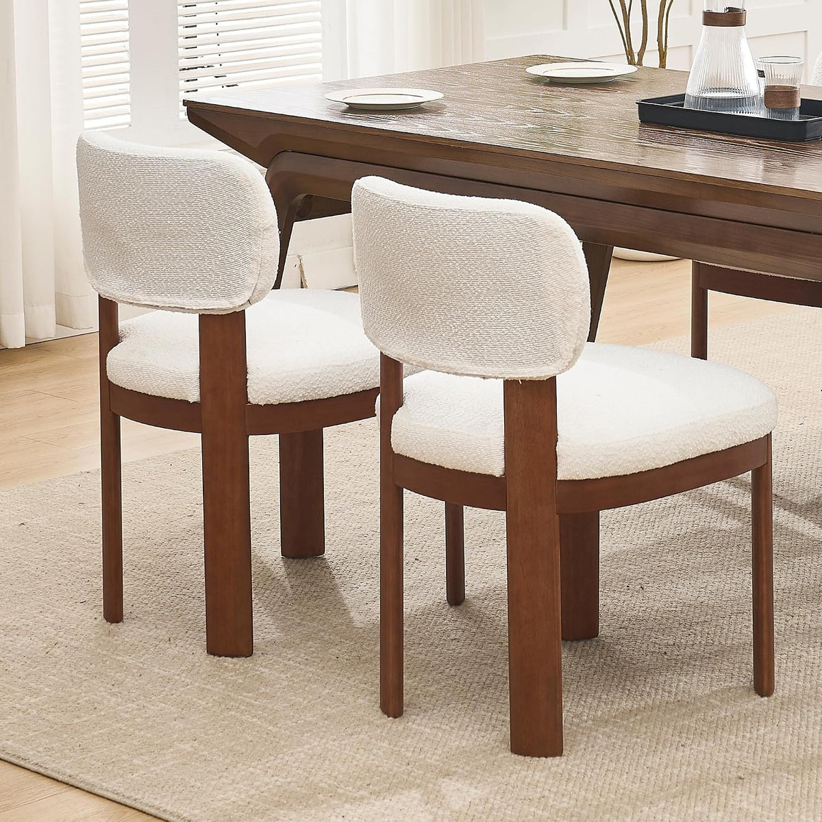 Dining Chairs Set of 2, Teddy Teddy Upholstered Kitchen Chairs with Curved Backrest and Solid Wood Legs, Farmhouse Side Chairs for Restaurant Cafe Living Room (White+Brown Legs)